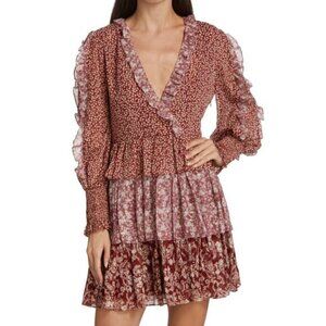 New En Saison Floral Ruffle Mini Dress Rust Gold Large $158